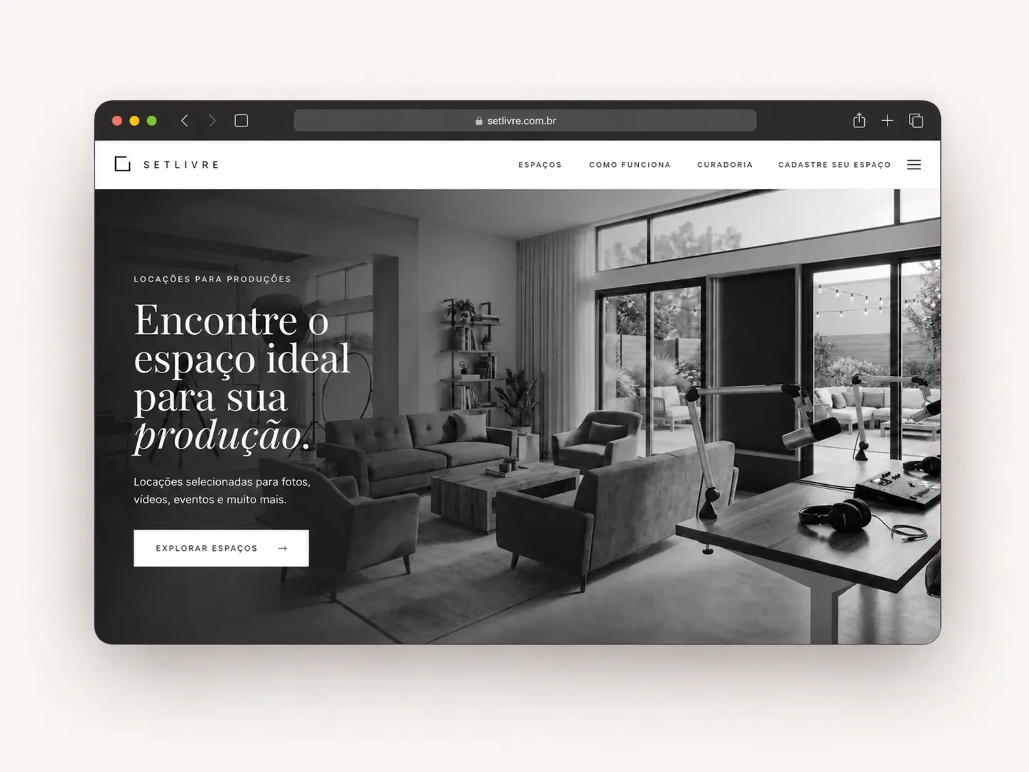 Mockup do site Set Livre para locação de espaços para produções