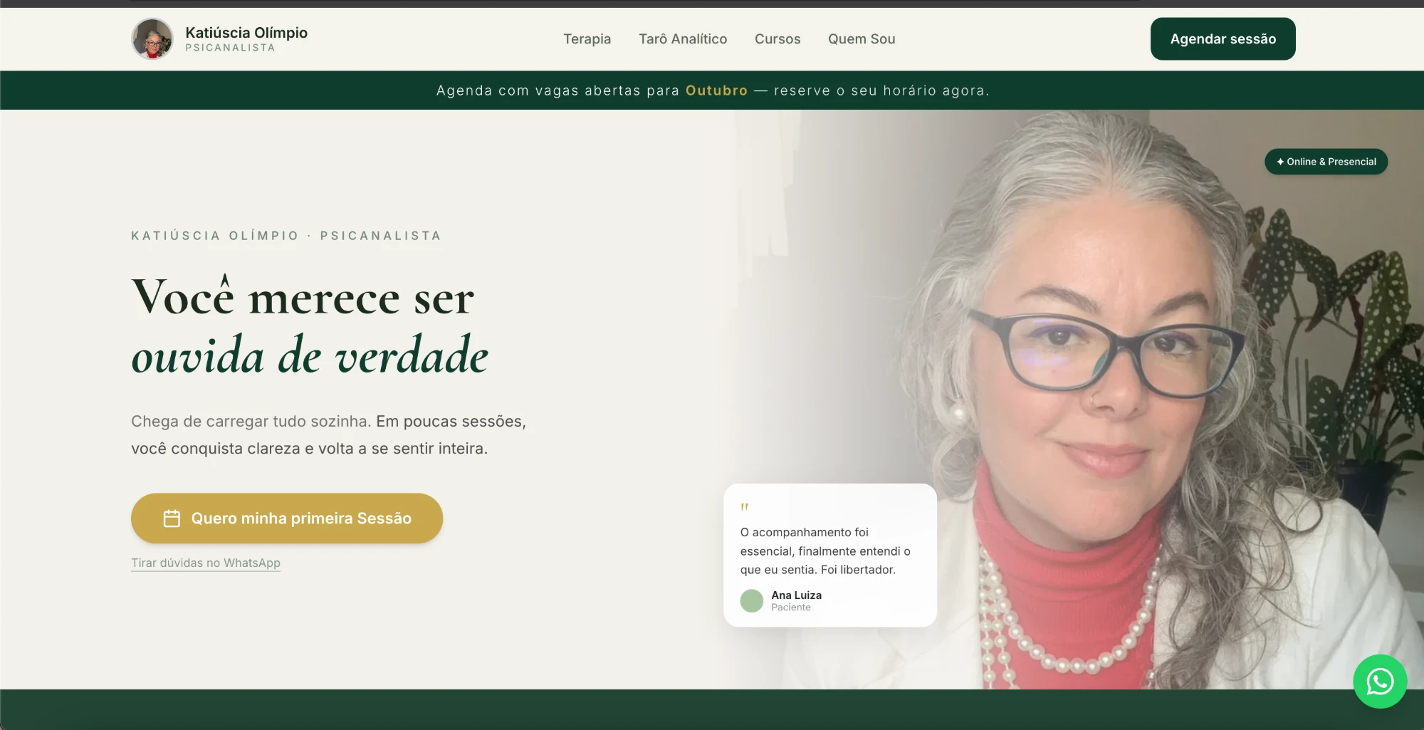 Captura da landing page real de Terapia e Tarô Analítico, criada pela Athena